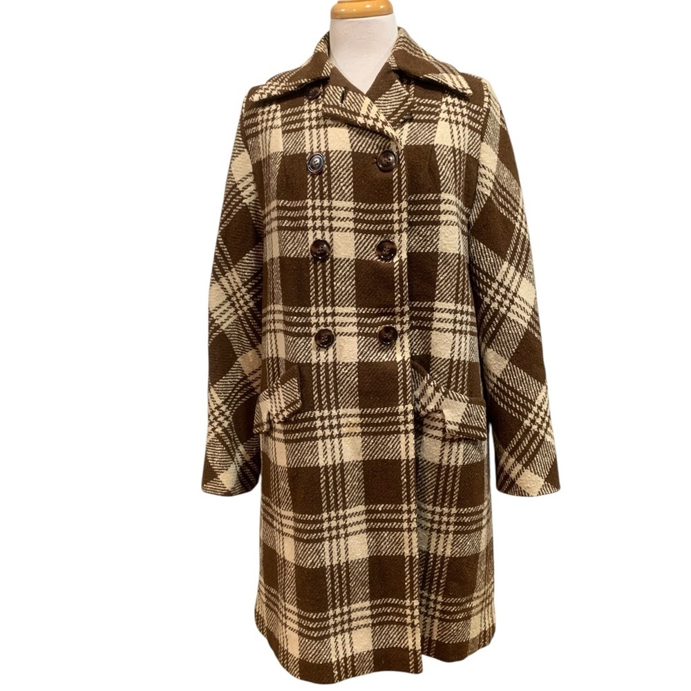 Vntg 50’s Gus Mayer Volup Brown Plaid Double-Breasted Pea Coat sz XL